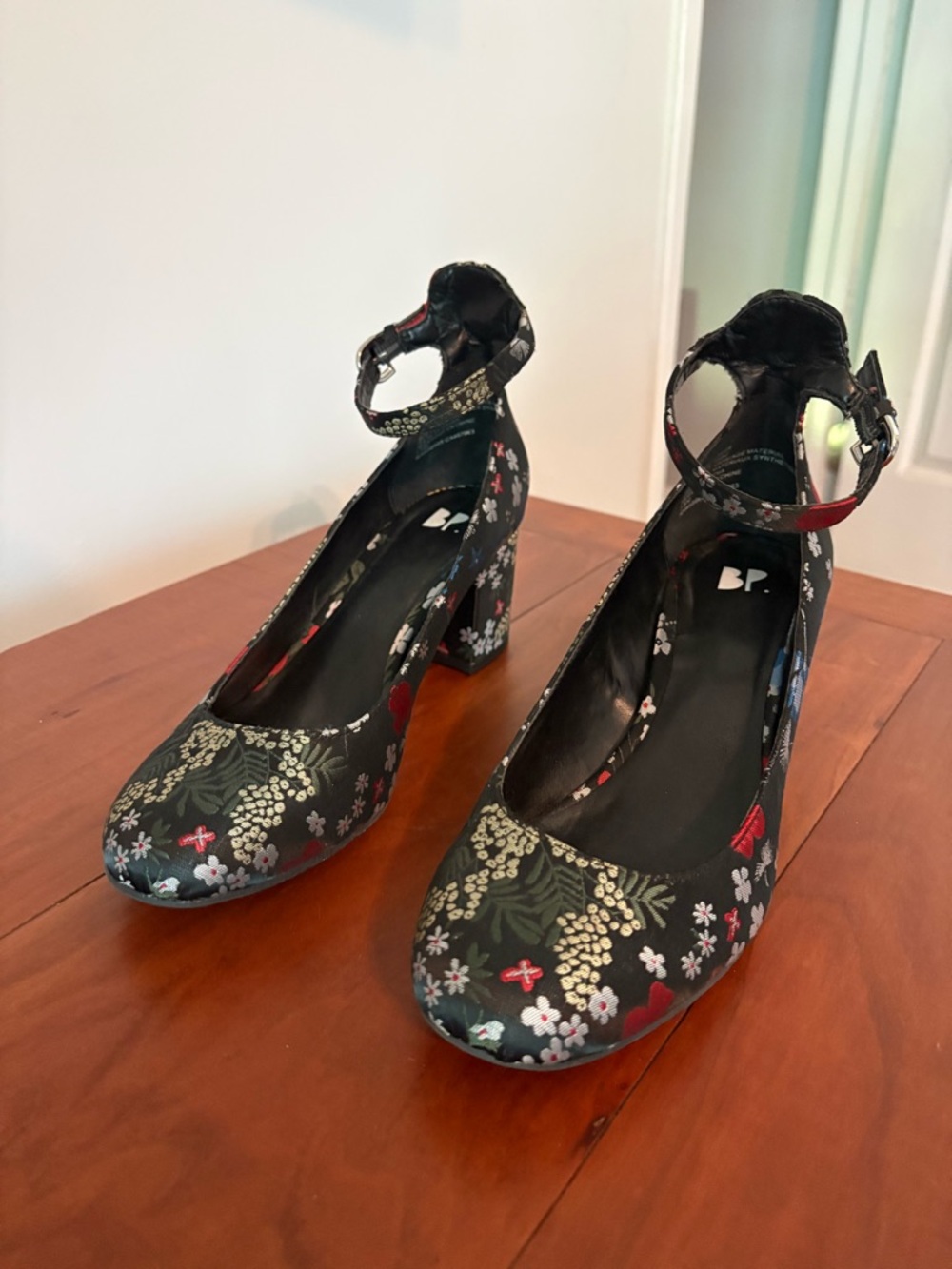 Floral Tapestry Block Heel Mary Jane Pumps Ankle Strap BP Black Shoes 7.5 - Picture 3 of 8